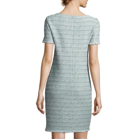 St. John Collection ‘Riana’ Tweed Fringe Split-neck Mint Green & Blue Dress - Picture 5 of 16